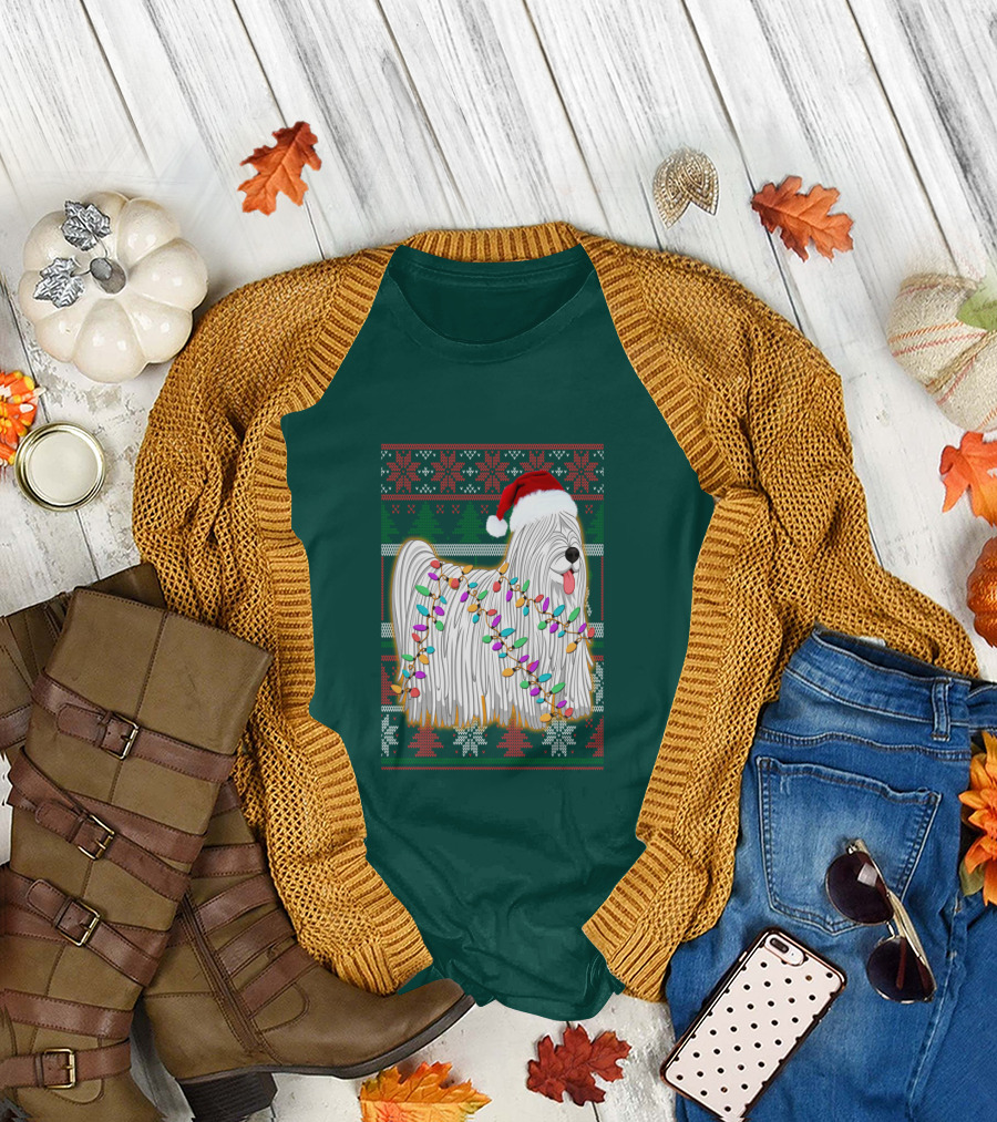 Komondor Christmas Lights Ugly Sweater Santa Hat T-Shirt