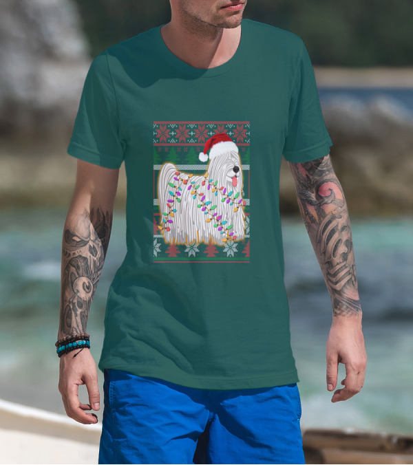 Komondor Christmas Lights Ugly Sweater Santa Hat T-Shirt