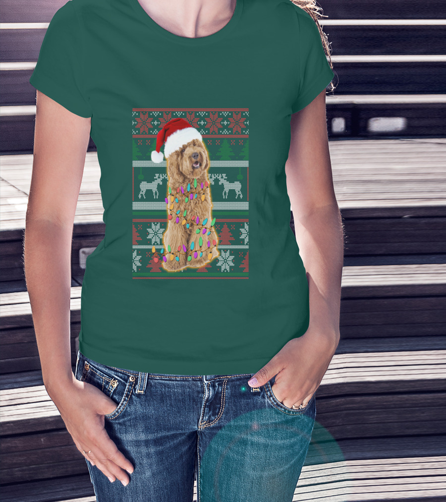 Labradoodle Christmas Lights Santa Hat Reindeer Snowflakes Green T-Shirt