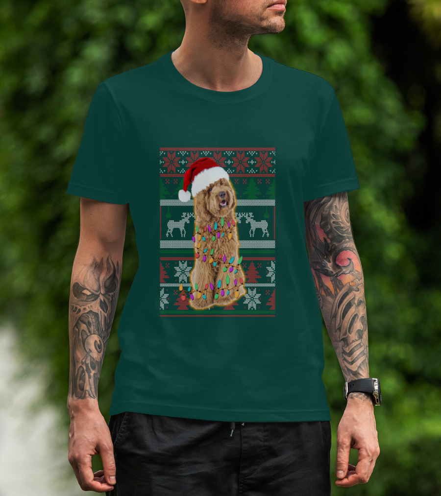 Labradoodle Christmas Lights Santa Hat Reindeer Snowflakes Green T-Shirt