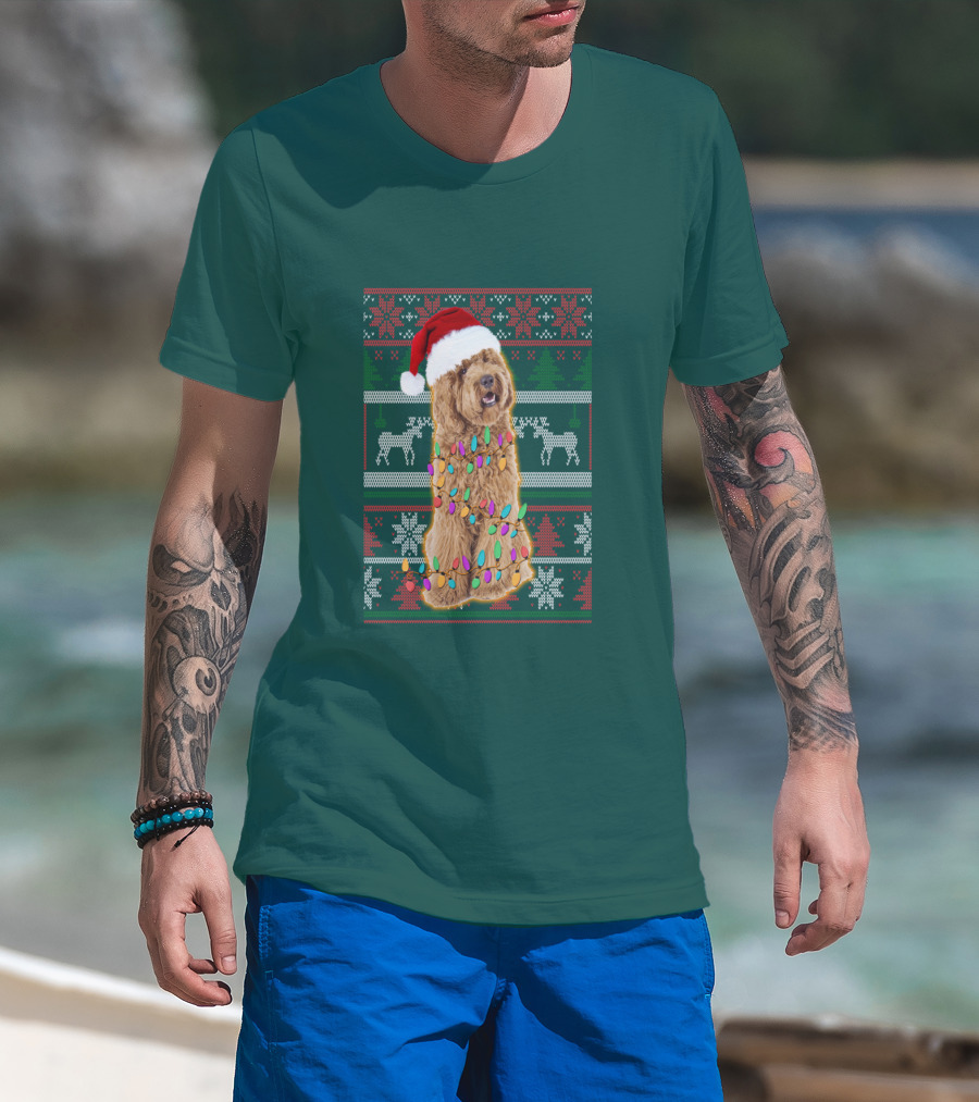 Labradoodle Christmas Lights Santa Hat Reindeer Snowflakes Green T-Shirt
