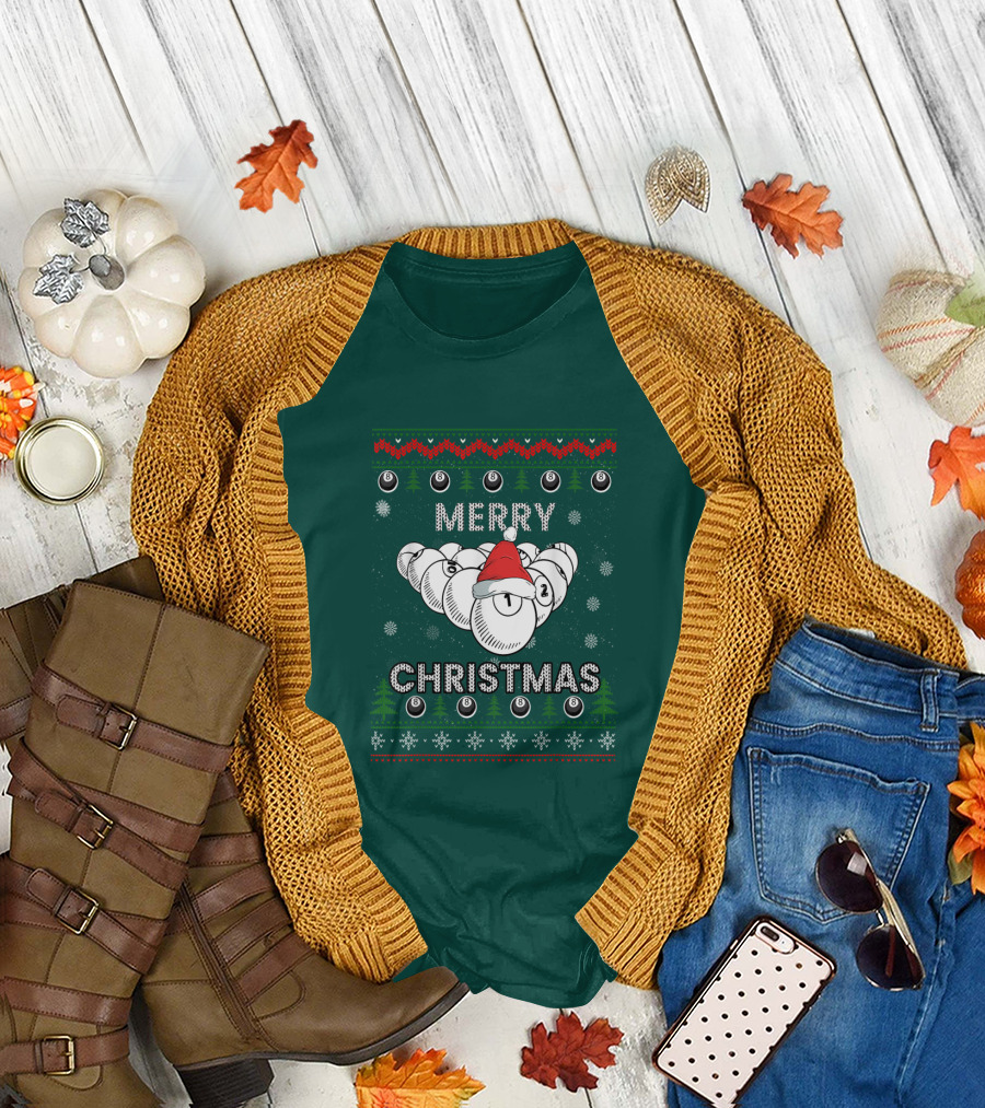 Merry Christmas Santa Hat Billiards Pool Balls Holiday Snowflakes T-Shirt