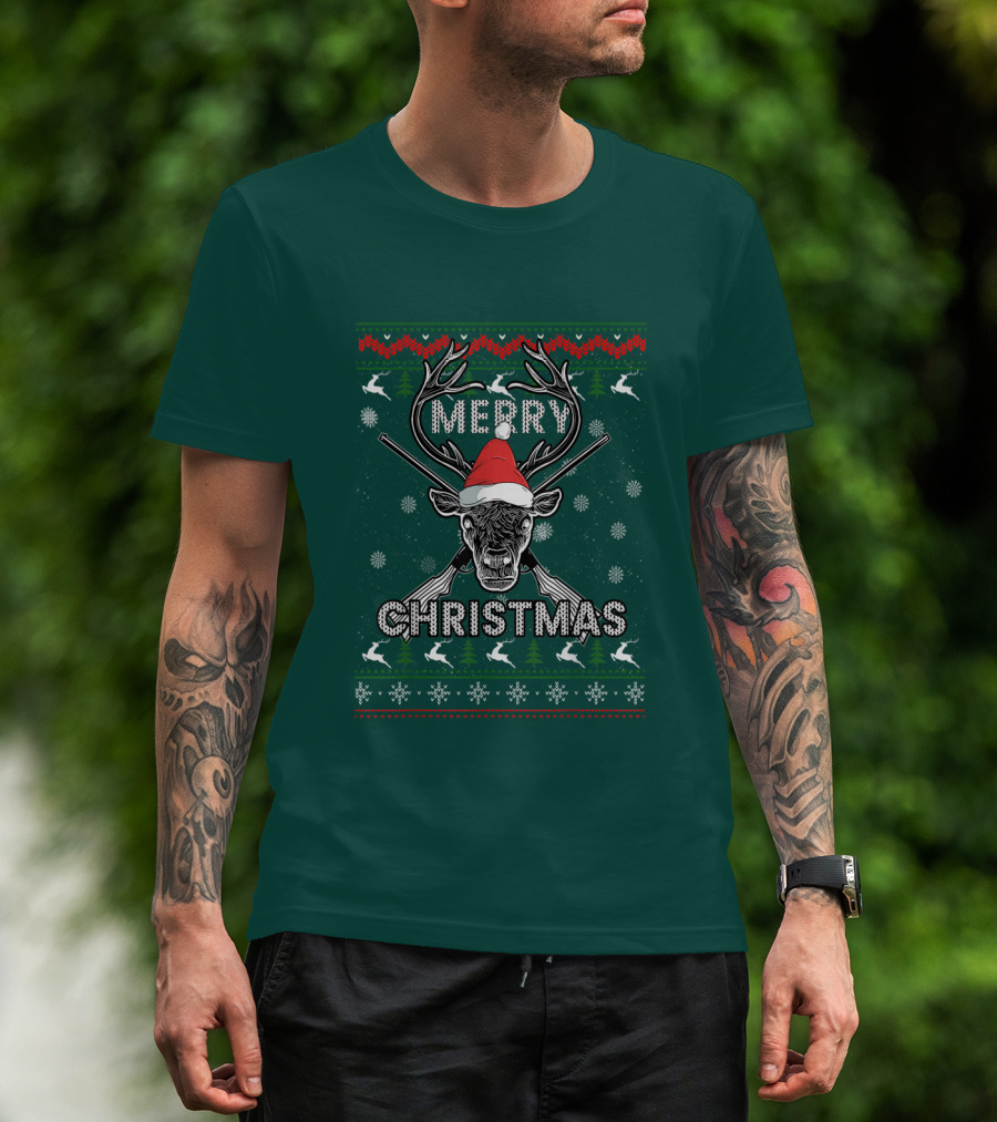 Merry Christmas Hunting Deer Antlers Santa Hat Snowflakes T-Shirt