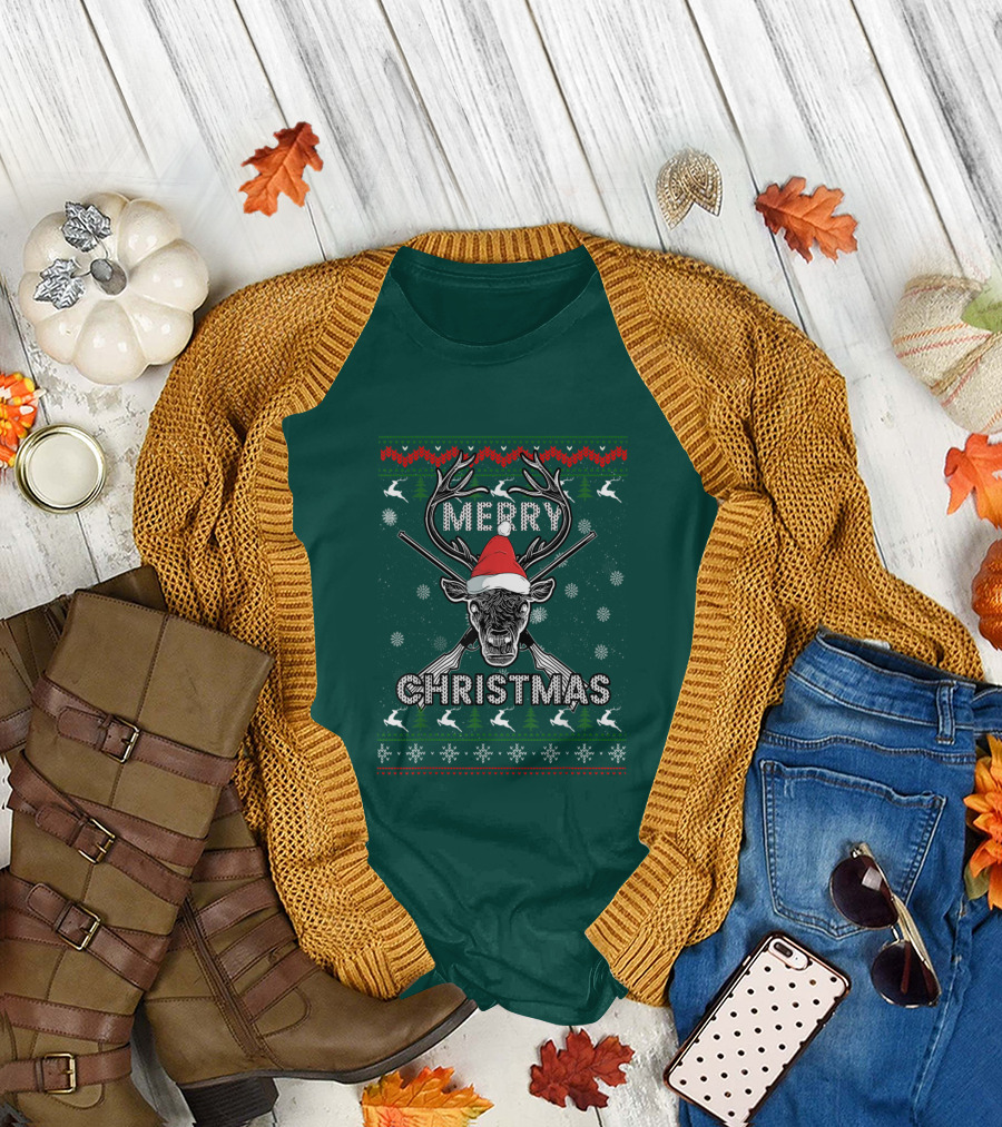 Merry Christmas Hunting Deer Antlers Santa Hat Snowflakes T-Shirt