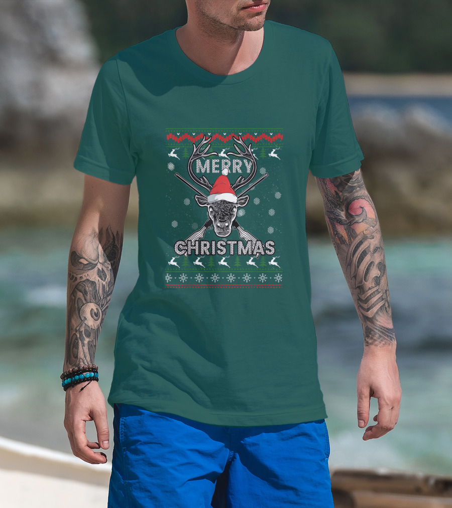 Merry Christmas Hunting Deer Antlers Santa Hat Snowflakes T-Shirt