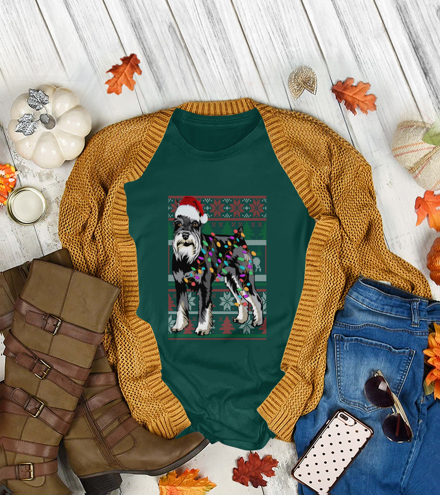 Miniature Schnauzer Christmas Sweater Santa Hat and Holiday Lights T-Shirt