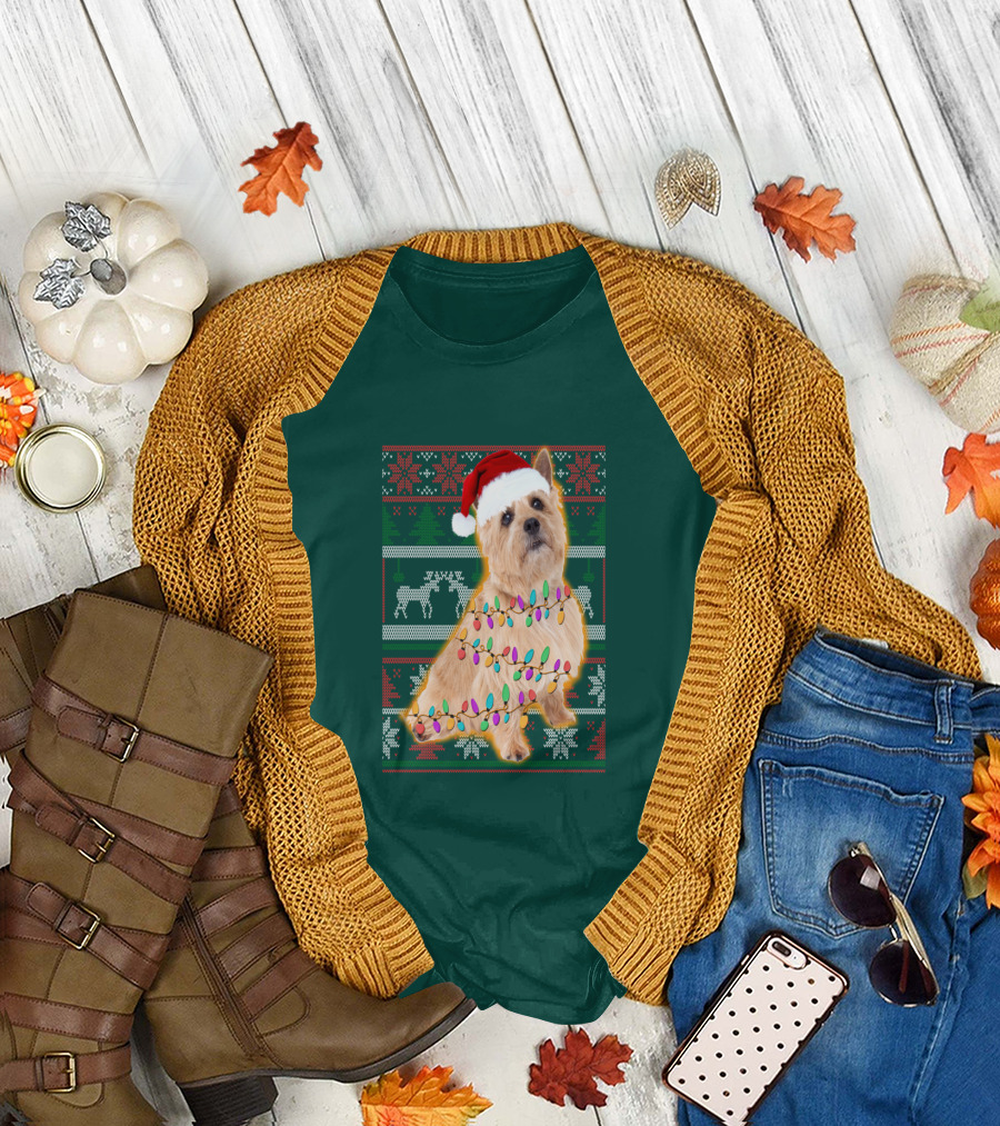 Norfolk Terrier Christmas Lights Sweater Santa Hat T-Shirt