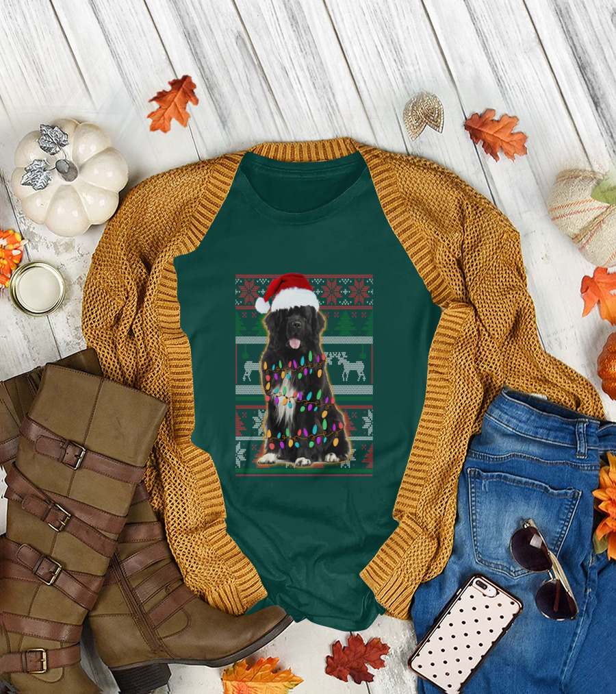 Newfoundland Dog Christmas Lights Santa Hat Ugly T-Shirt