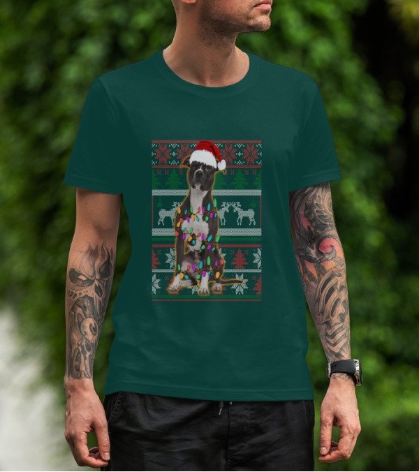 Pitbull Christmas Sweater With Santa Hat And Holiday Lights T-Shirt