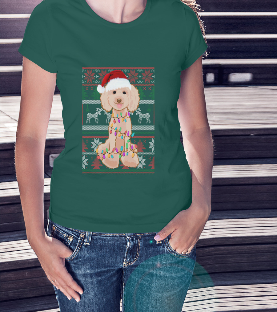 Poodle Santa Hat Christmas Lights Ugly Sweater Reindeer Snowflakes T-Shirt