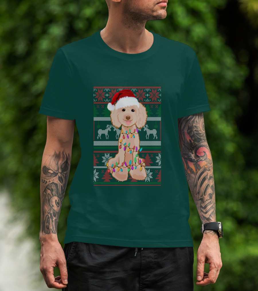 Poodle Santa Hat Christmas Lights Ugly Sweater Reindeer Snowflakes T-Shirt