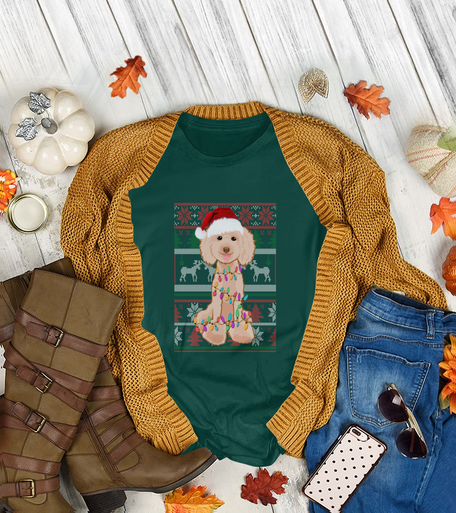 Poodle Santa Hat Christmas Lights Ugly Sweater Reindeer Snowflakes T-Shirt