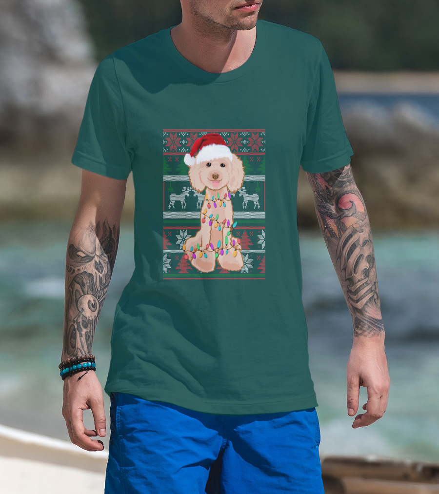 Poodle Santa Hat Christmas Lights Ugly Sweater Reindeer Snowflakes T-Shirt