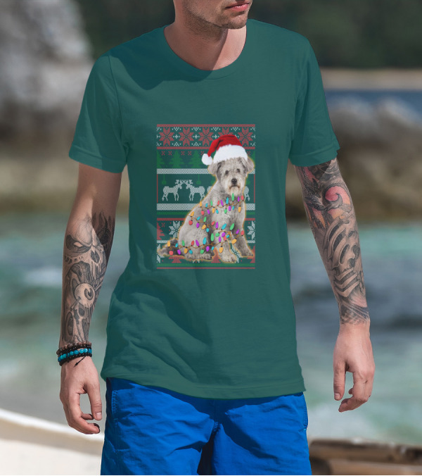 Pumi Dog Christmas Lights Santa Hat Ugly T-Shirt