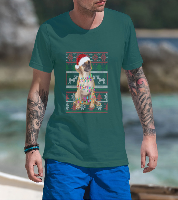 Puggle Christmas Santa Hat With Holiday Lights T-Shirt