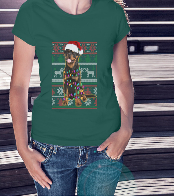 Rottweiler Christmas Lights Ugly Sweater Santa Hat Reindeer Snowflakes T-Shirt