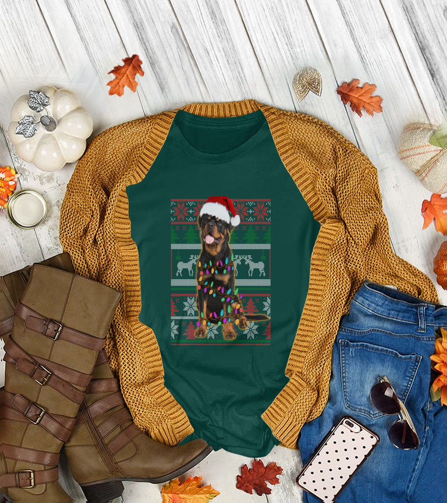 Rottweiler Christmas Lights Ugly Sweater Santa Hat Reindeer Snowflakes T-Shirt
