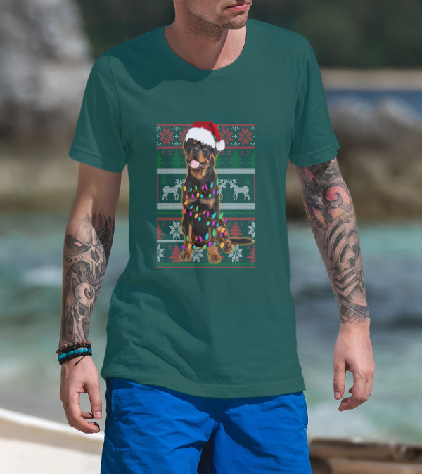 Rottweiler Christmas Lights Ugly Sweater Santa Hat Reindeer Snowflakes T-Shirt