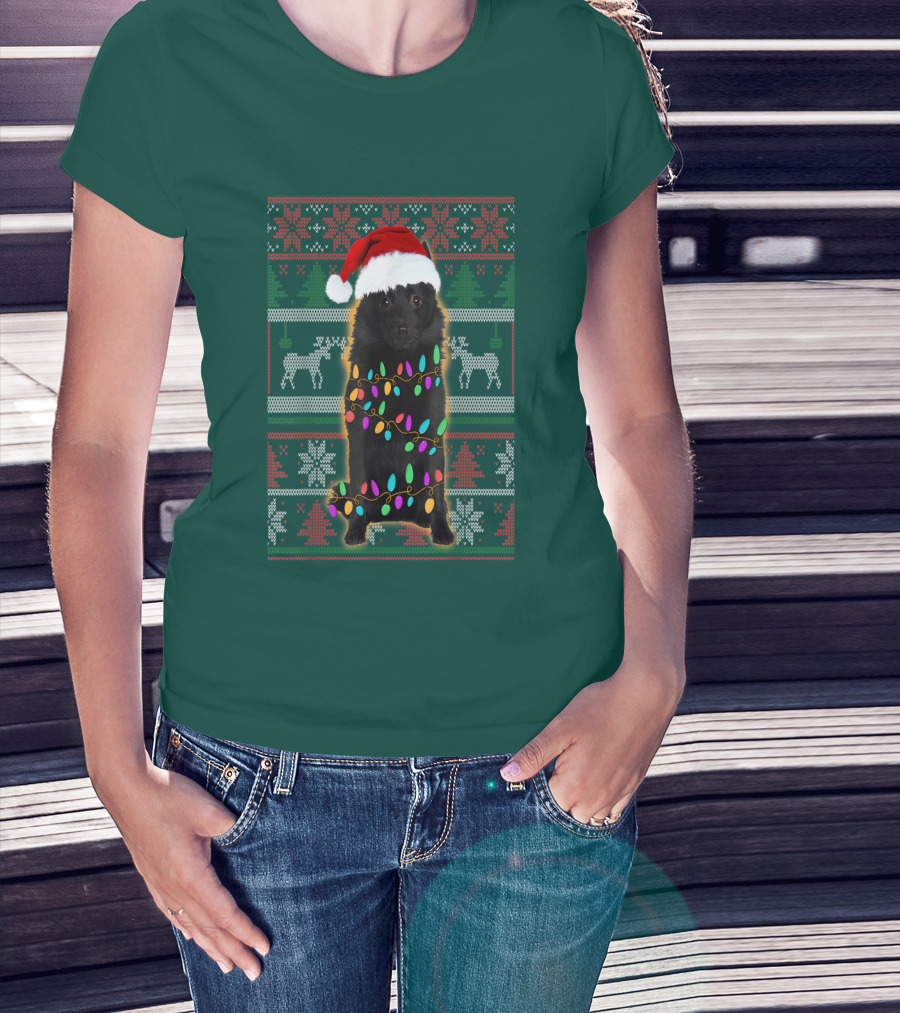 Schipperke Santa Hat Festive Christmas Lights Ugly T-Shirt