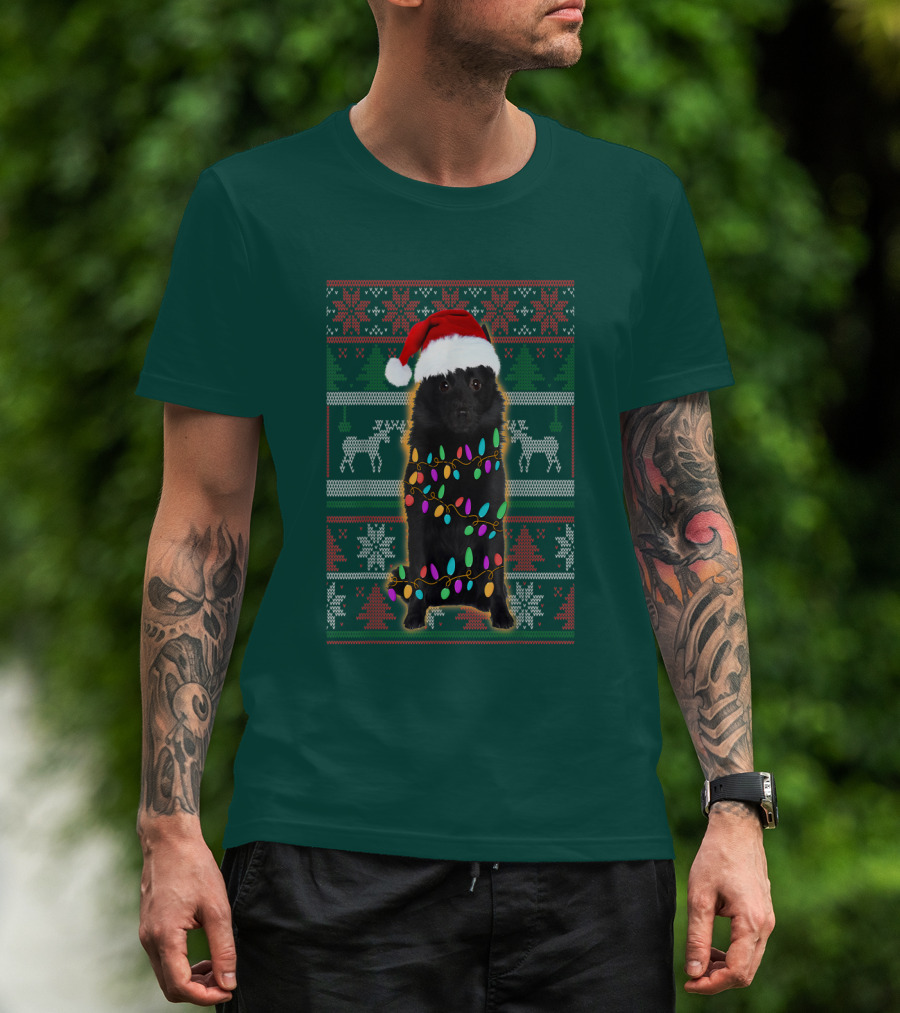 Schipperke Santa Hat Festive Christmas Lights Ugly T-Shirt