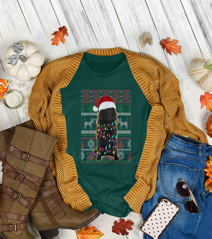 Schipperke Santa Hat Festive Christmas Lights Ugly T-Shirt