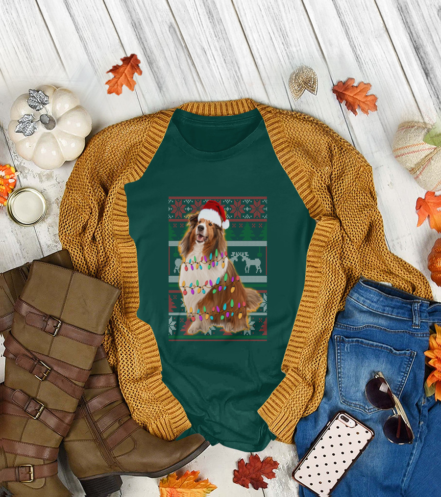Shetland Sheepdog Christmas Lights Sweater Santa Hat Holiday Festive T-Shirt