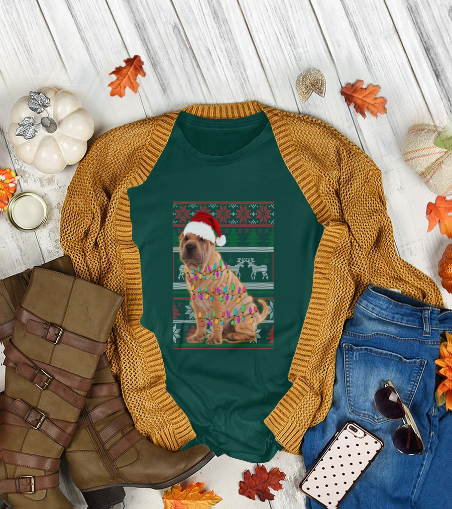 Shar Pei Christmas Lights Santa Hat Puppy T-Shirt