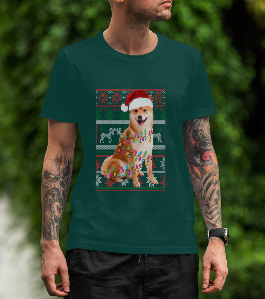 Shiba Inu Christmas Sweater Lights Santa Hat T-Shirt
