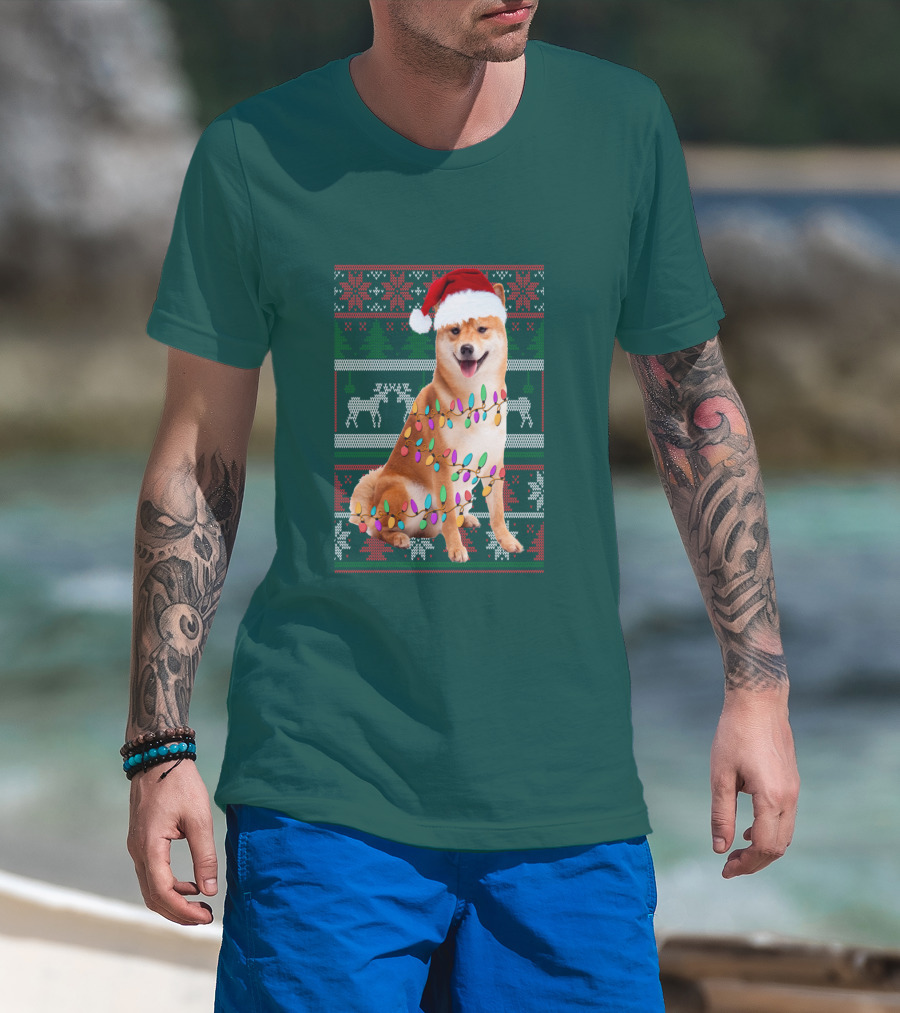 Shiba Inu Christmas Sweater Lights Santa Hat T-Shirt
