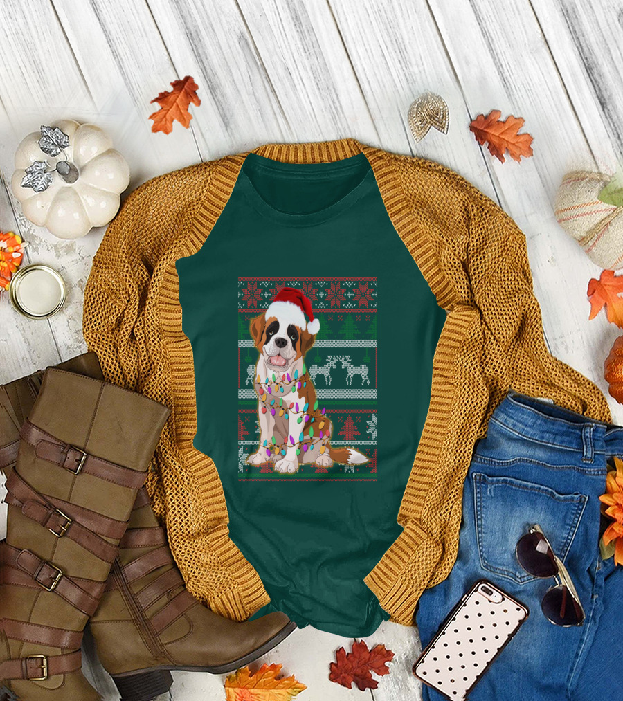 St Bernard Christmas Lights Ugly T-Shirt