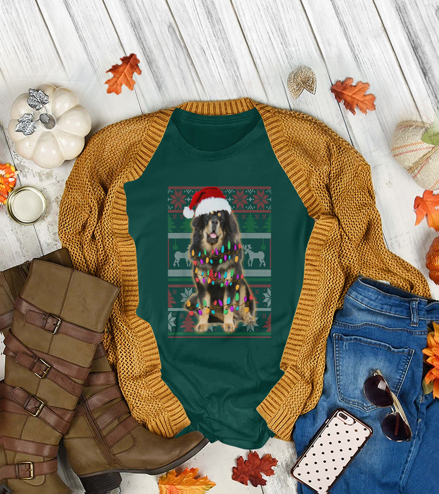 Tibetan Mastiff Christmas Sweater with Lights and Santa Hat T-Shirt