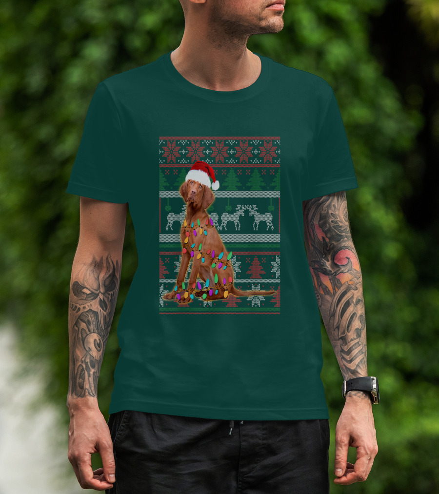 Vizsla Christmas Lights Santa Hat Ugly T-Shirt