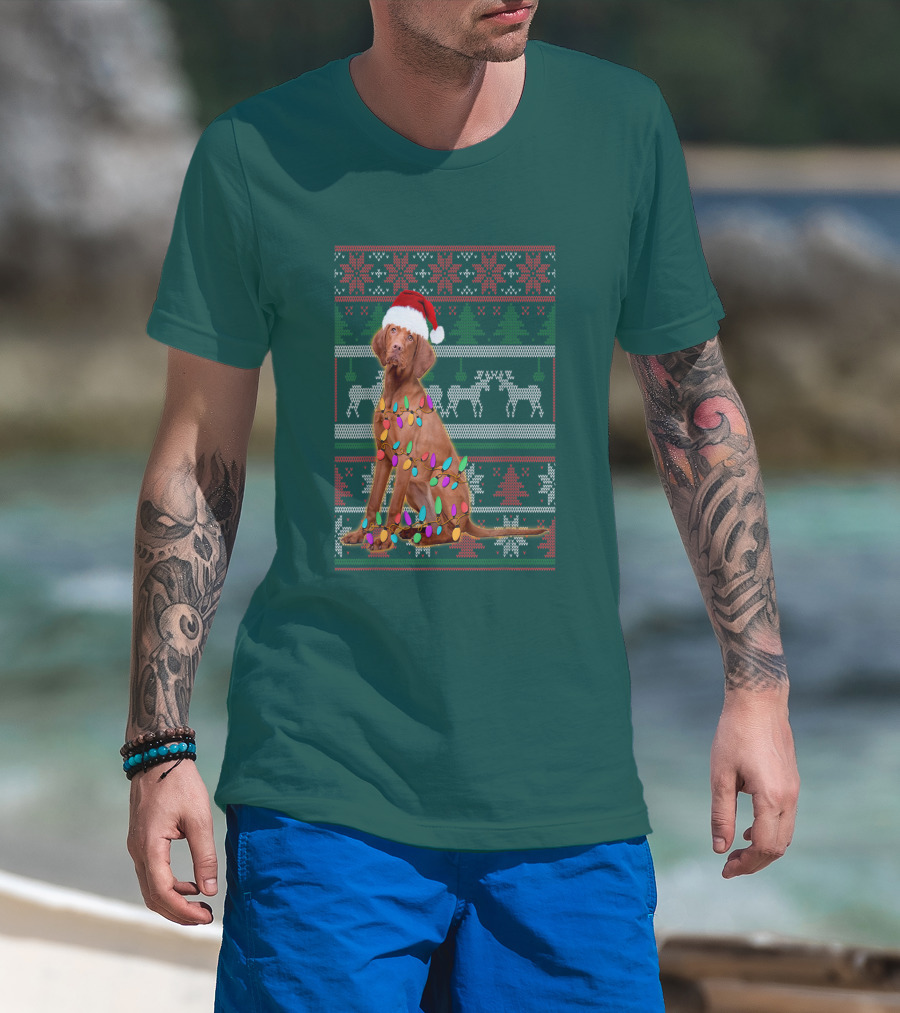 Vizsla Christmas Lights Santa Hat Ugly T-Shirt