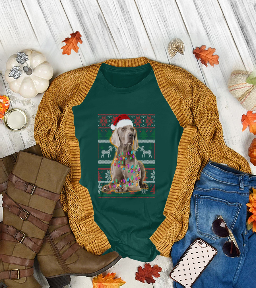 Weimaraner Christmas Lights Santa Hat Holiday T-Shirt