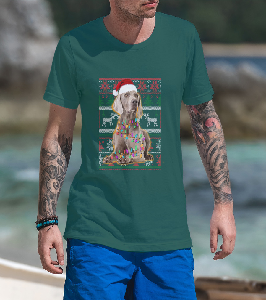Weimaraner Christmas Lights Santa Hat Holiday T-Shirt
