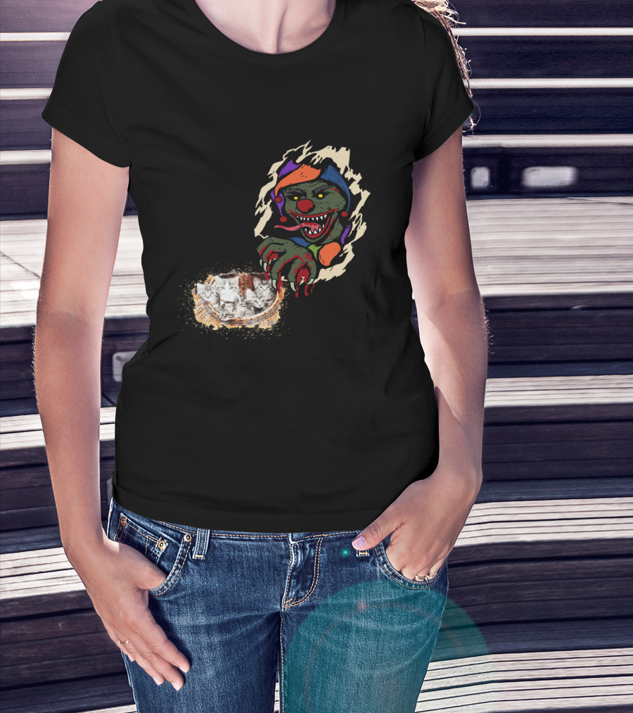 Creepy Joker Clown And Adorable Kittens Popping Out Of Torn Hole T-Shirt