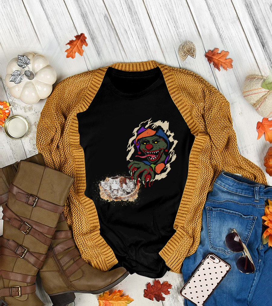Creepy Joker Clown and Adorable Kittens Popping Out of Torn Hole T-Shirt