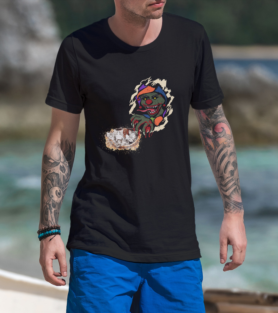 Creepy Joker Clown And Adorable Kittens Popping Out Of Torn Hole T-Shirt