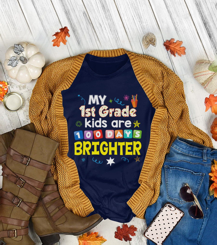 MY 1st Grade Kids Are 100 Days Brighter 100 Days Celebration Star Pencil T-Shirt