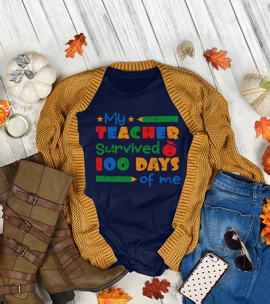 My Teacher Survived 100 Days of Me Colorful Pencils and Apple Stars T-Shirt