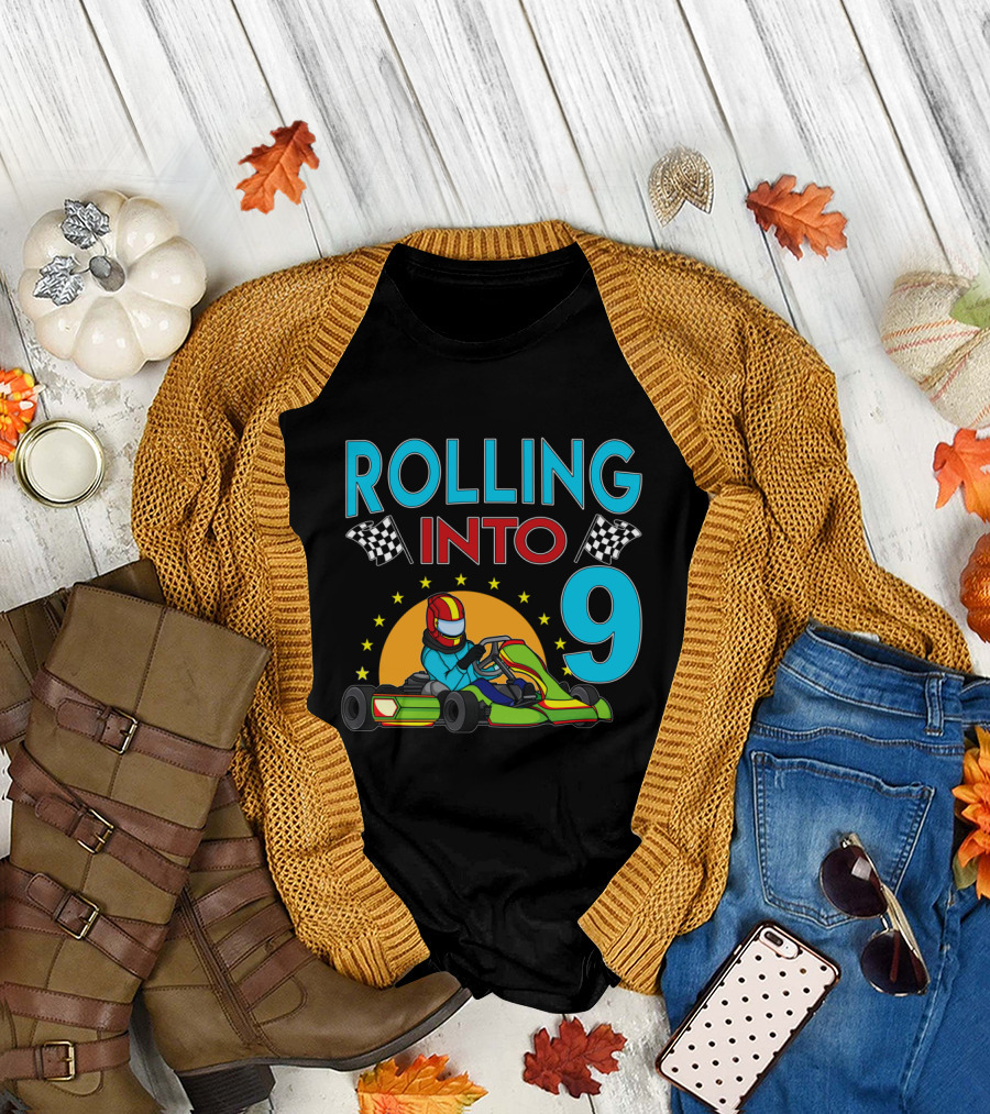 Rolling Into 9 Go Kart Racing with Checkered Flags Racer T-Shirt