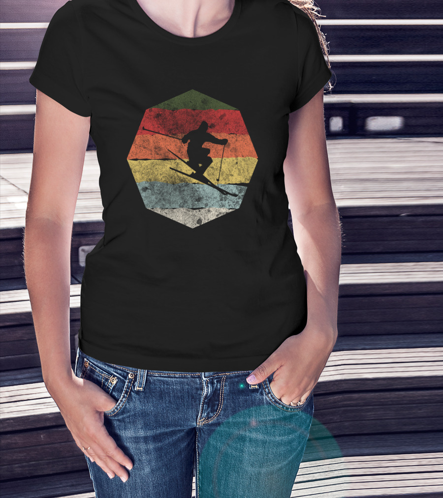Vintage Winter Skier Birthday Hexagonal Retro Stripes T-Shirt