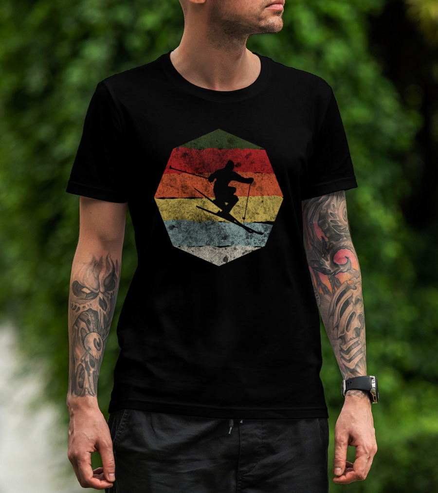 Vintage Winter Skier Birthday Hexagonal Retro Stripes T-Shirt