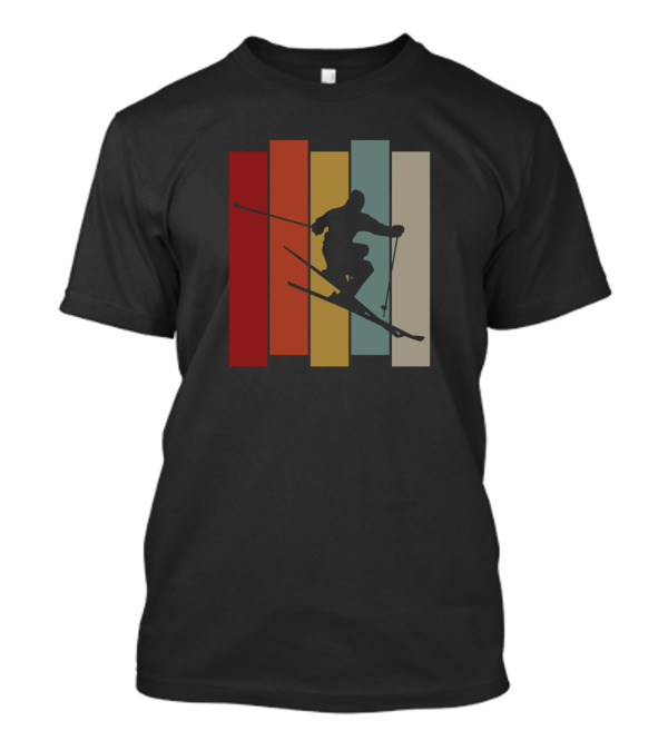 Vintage Skiing Silhouette On Colorful Retro Stripes T-Shirt