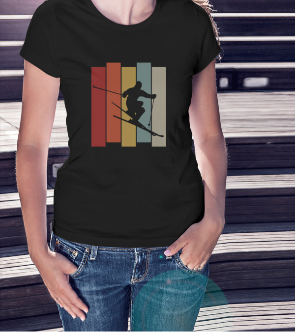 Vintage Skiing Silhouette On Colorful Retro Stripes T-Shirt