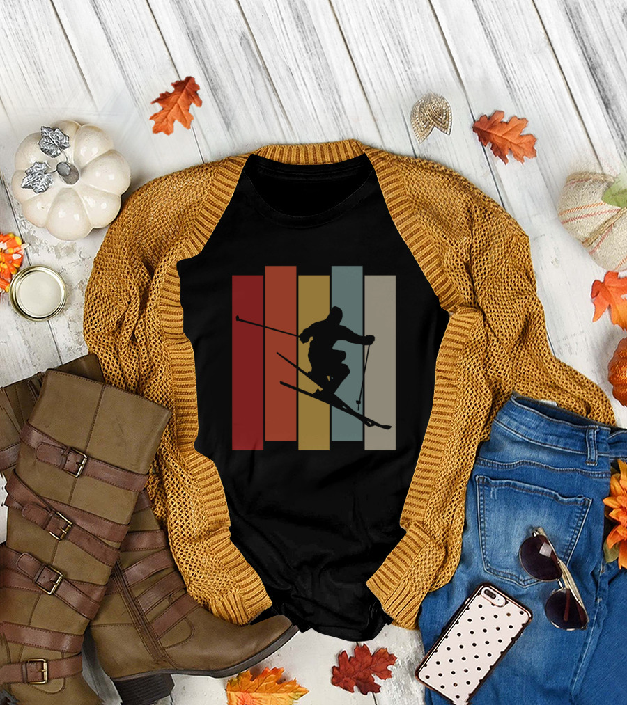 Vintage Skiing Silhouette on Colorful Retro Stripes T-Shirt