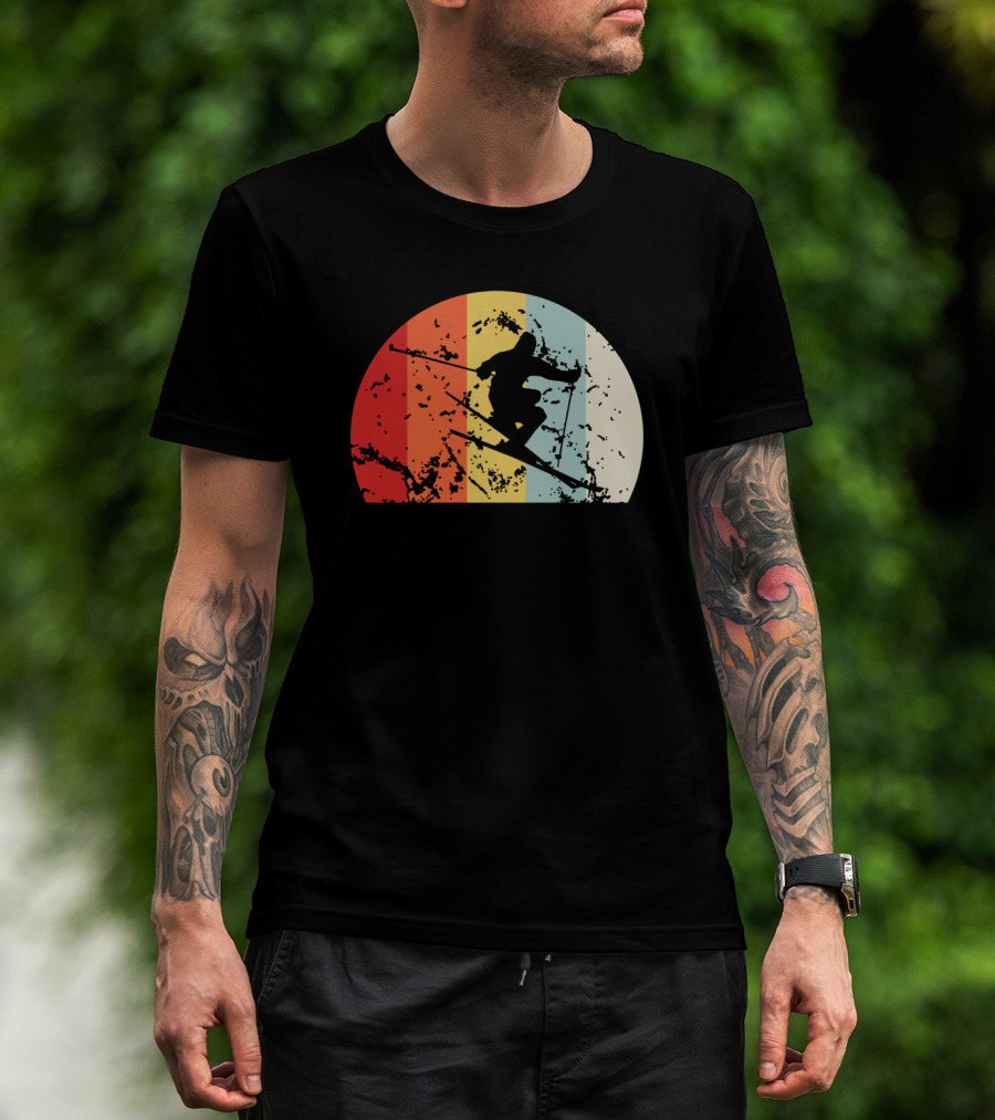 Retro Vintage Skiing Silhouette With Colorful Sunset Stripes T-Shirt