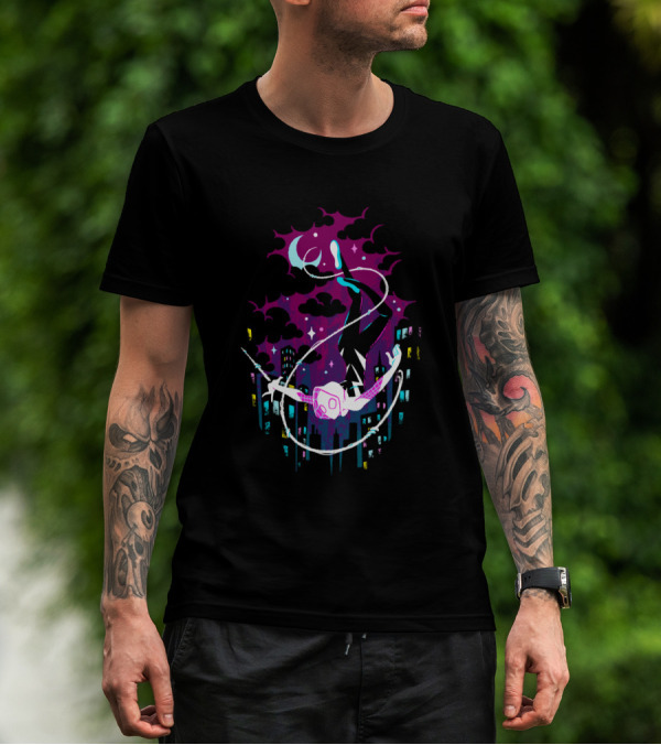 Marvel Ghost Spider Swinging Through Neon City Skyline T-Shirt