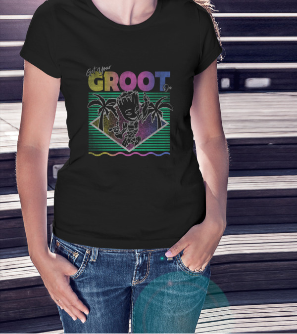 Marvel Guardians Of The Galaxy Get Your Groot On Retro Neon Palm Trees T-Shirt
