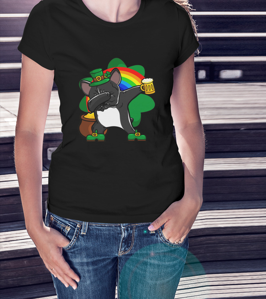 French Bulldog Dabbing Shamrock Rainbow St Patrick's Day T-Shirt